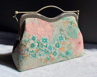 Japanese Silk Brocade Wedding Clutch in Green & Pink -Gold Gilded Floral Evening Bag-Matal Handle Purse-Elegant Retro Gift for Her