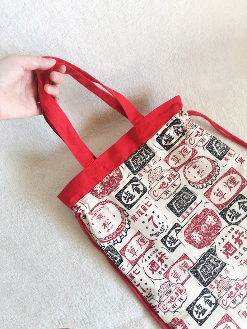 Red backpack,Japanese tote bag,shopping bag,Drawstring bag,Tote bag,cotton and canvas oriental pattern print closure with drawstring