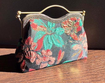 Green black crossbody bag, evening bag, red golden flower evening bag, wedding bag, green shoulder bag, green clutch. Flower woman bag.