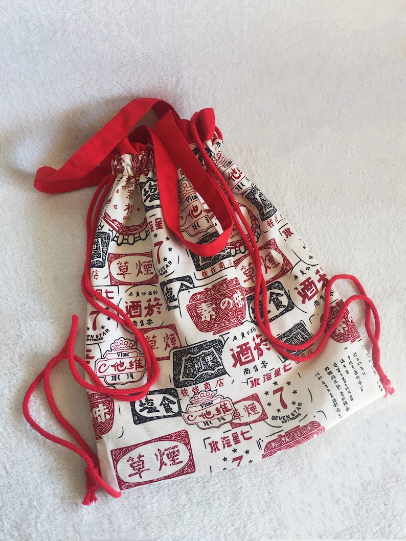 Red backpack,Japanese tote bag,shopping bag,Drawstring bag,Tote bag,cotton and canvas oriental pattern print closure with drawstring