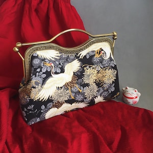 Sac japonais noir, sac à bandoulière, sac de soirée, style oriental, sac japonais, imprimé grue en tissu de coton japonais cousu à la main