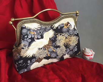 Black Japanese Bag,Shoulder Bag,Evening Bag,oriental Style,Japanese Bag,Hand Sewn Japanese Cotton Fabric Crane Print