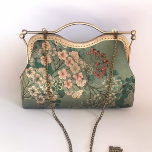 Bolso verde, bolso de hombro, bolso de noche, estampado de flores japonesas imagen 6