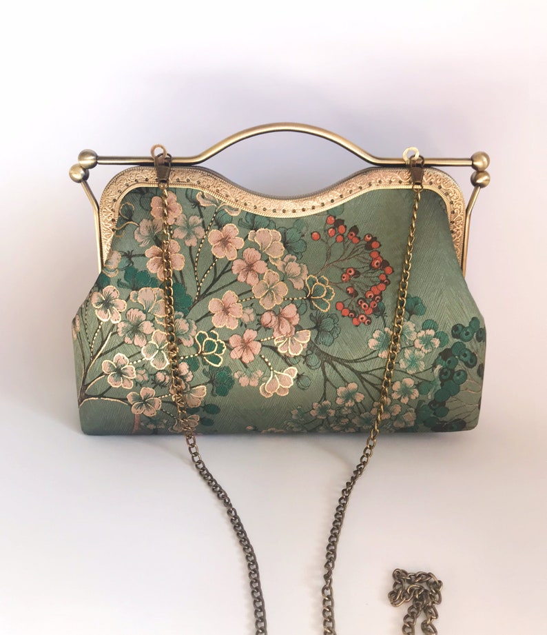 Bolso verde, bolso de hombro, bolso de noche, estampado de flores japonesas imagen 6