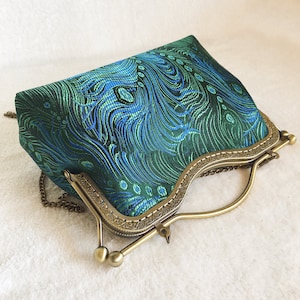 Green shoulder bag Green peacock feathers evening bag handmade in Chinese fabric image 9