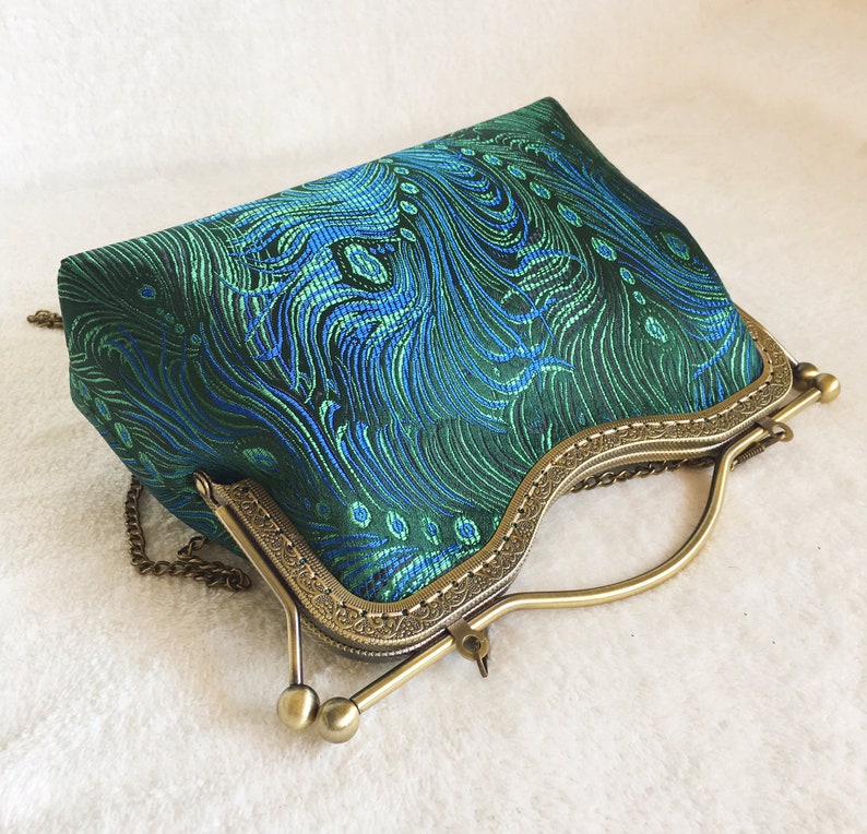 Green shoulder bag Green peacock feathers evening bag handmade in Chinese fabric image 9