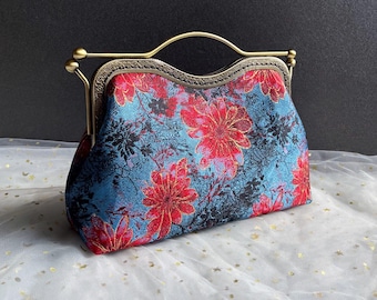 Blue red shoulder bag, blue flower evening bag, handmade in silk fabric, wedding bag, flower wedding bag, silk evening bag, Japanese bag.