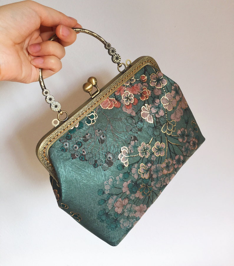 Clutch bag Shoulder bag green pink evening bag handmade, japanese flower image 2