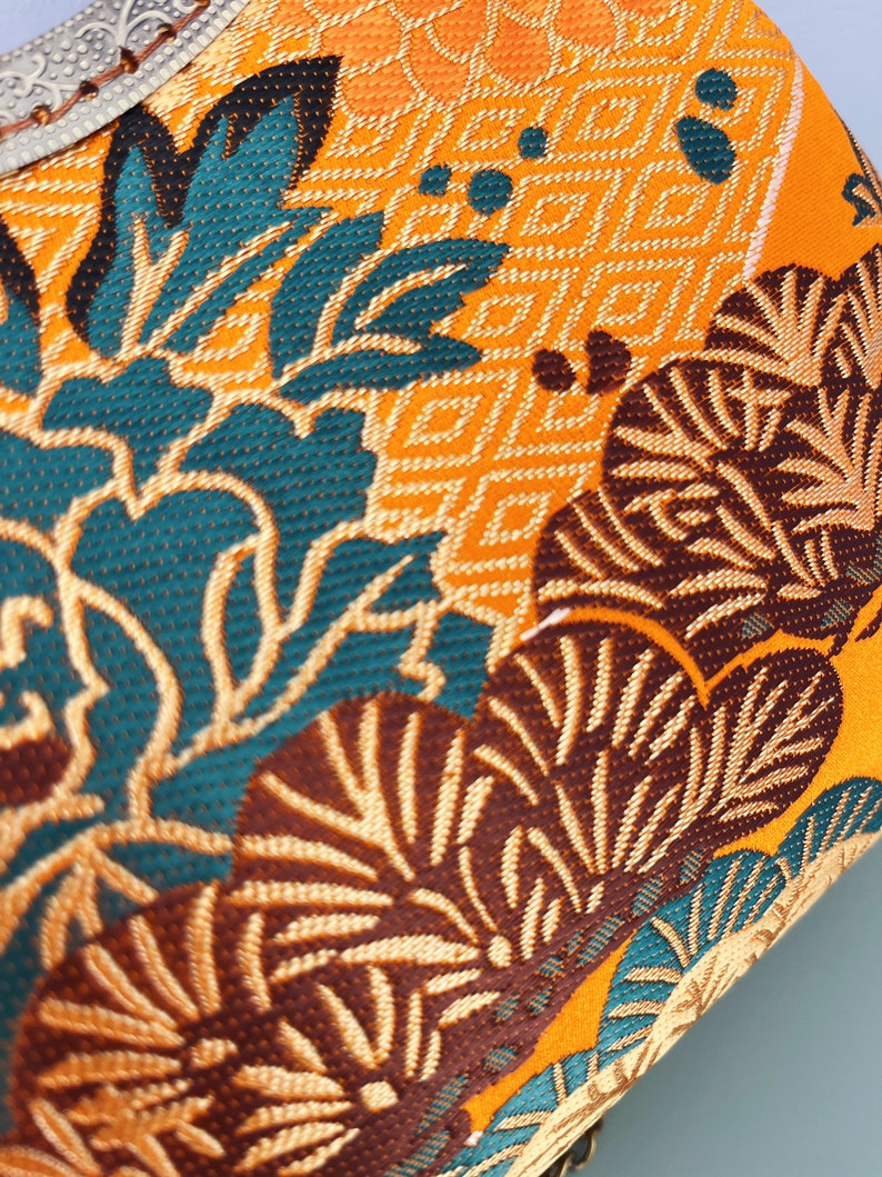 Shoulder bag, click clack bag, orange evening bag, hand sewn in silk fabric, peony flower image 7