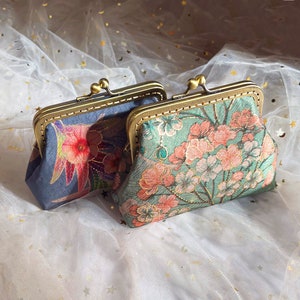 Chinese coin purse, object case, Hand sewn in embroidered peony flower, mini silk bag, green blue