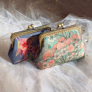 Chinese coin purse, object case, Hand sewn in embroidered peony flower, mini silk bag, green blue