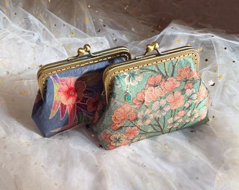 Chinese coin purse, object case, Hand sewn in embroidered peony flower, mini silk bag, green blue