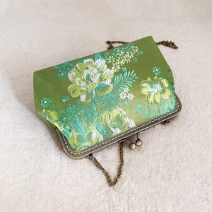 Green bag, green evening bag, wedding clutch, silk bag, peony flower image 4
