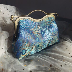 Blue crossbody bag, evening bag, evening bag, wedding bag, blue shoulder bag, blue peacock pattern