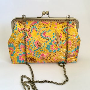 Yellow clutch, peacock feather pattern, yellow clutch, shoulder bag, handmade in Chinese embroidered silk fabric image 2