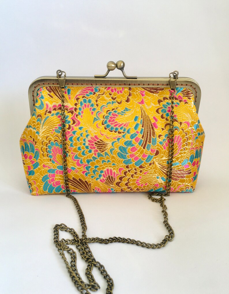 Yellow clutch, peacock feather pattern, yellow clutch, shoulder bag, handmade in Chinese embroidered silk fabric image 2