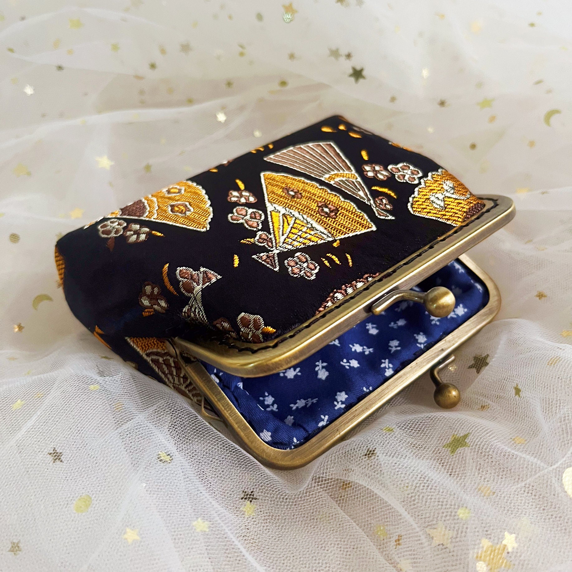 小物 ku- Japanese Coin Purse, Silk Coin Purse, Fan Pattern, Green