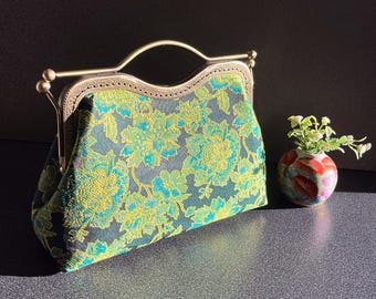 Silk shoulder bag,green evening bag, woman bag,green flower bag.wedding bag.oriental flower bag.clic clack bag.Handmade evening bag