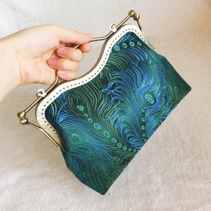 Green shoulder bag Green peacock feathers evening bag handmade in Chinese fabric image 6