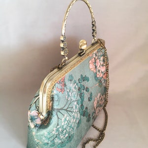 Clutch bag Shoulder bag green pink evening bag handmade, japanese flower image 7