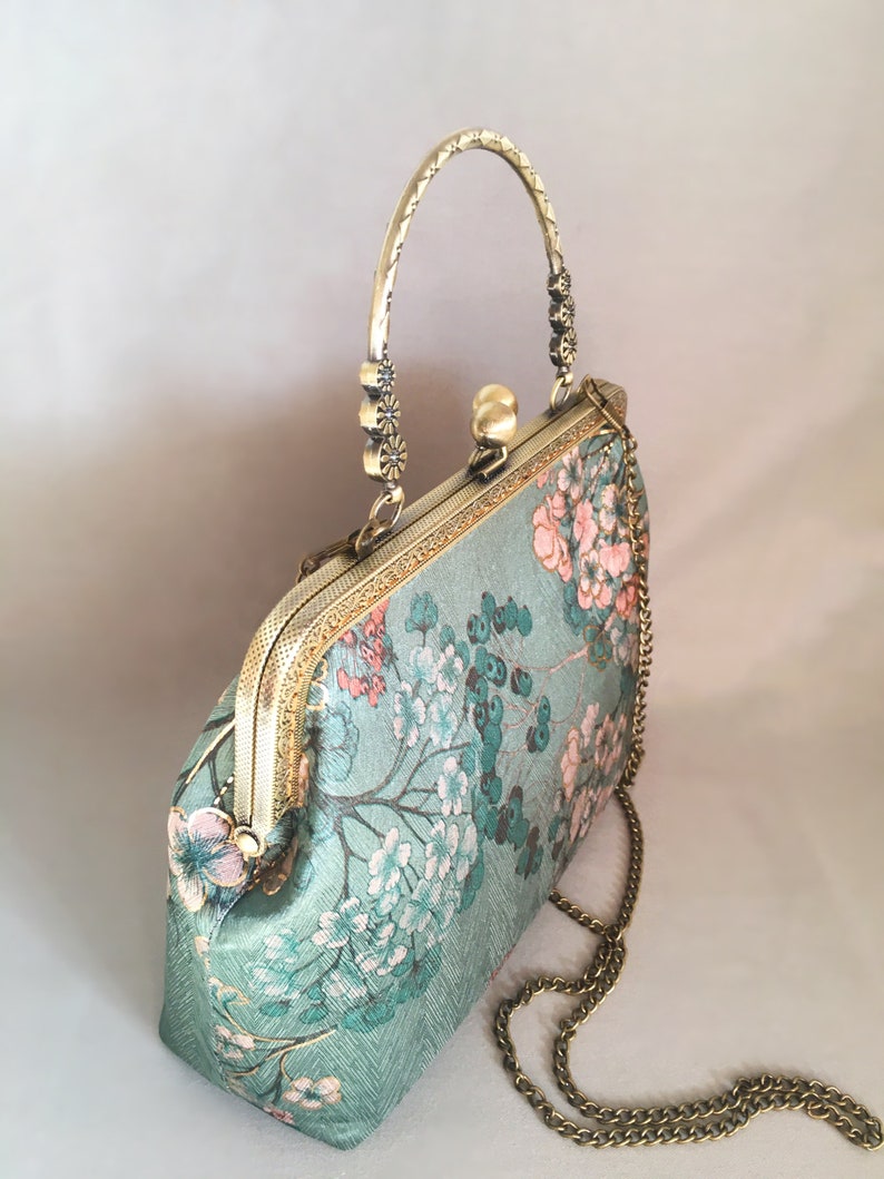 Clutch bag Shoulder bag green pink evening bag handmade, japanese flower immagine 7