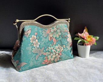 Green Handbag, Shoulder Bag, Evening Bag, Japanese Flower Print, silk bag, wedding bag, green clutch, flower bag, handmade silk bag.