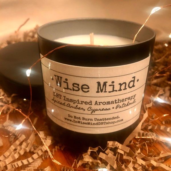 DBT Inspired Wise Mind Aromatherapy Candle, evokes the intuitive and calm knowing state of Wise Mind. Comforting spiced meditative scent.