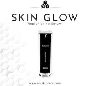 Może przedstawiać: Czarna i srebrna butelka serumu regenerującego PSR Skin Glow. Butelka jest oznaczona nazwą marki i nazwą produktu. Butelka stoi na białym tle z sześciokątnym wzorem.