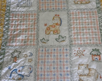 Animal Patchwork Baby Quilt, Vintage Country Style, Cotton Flannel