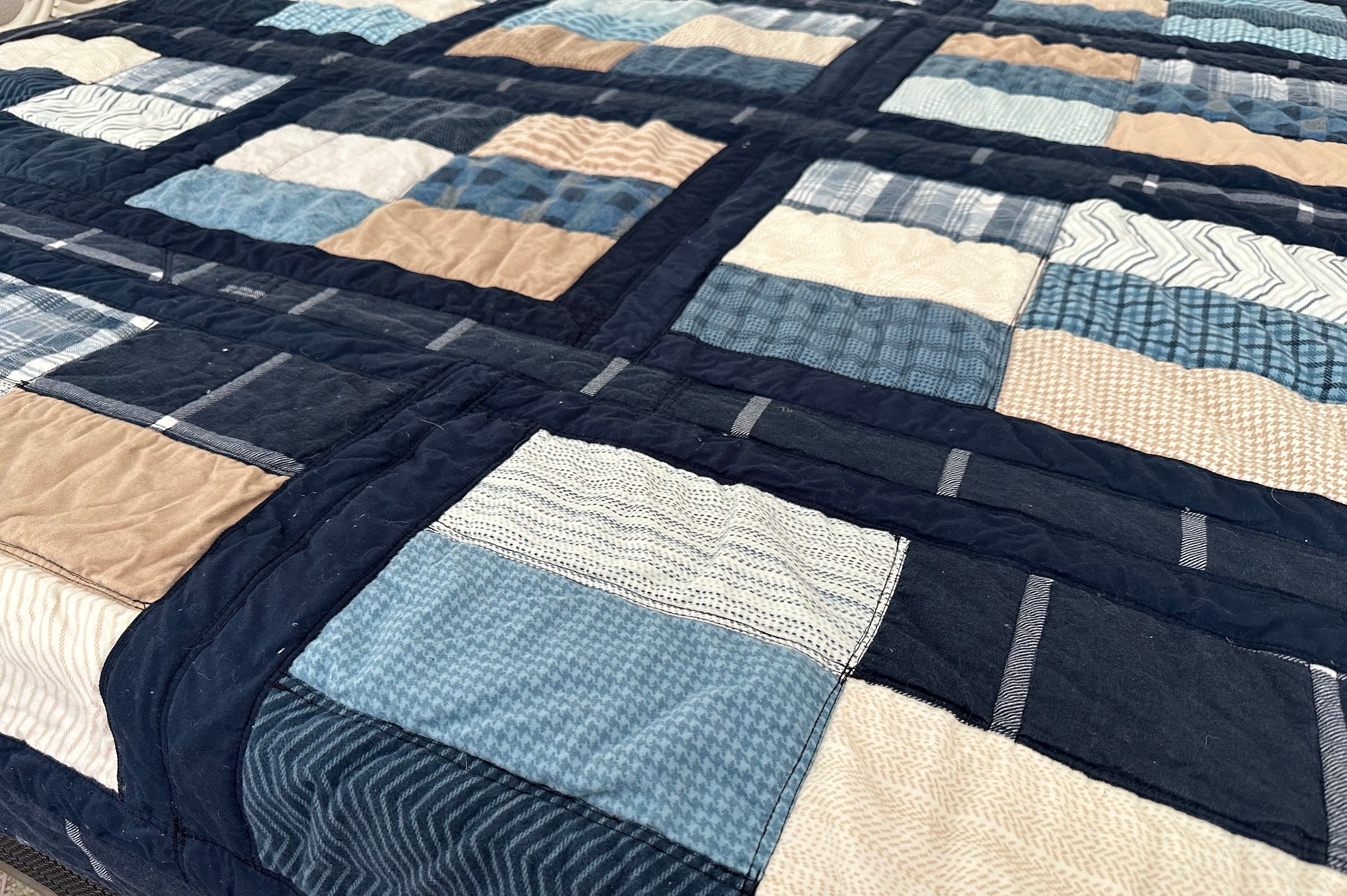 King Quilt or Large Queen Coastal Beach Blue White Flannel Warm Country ...