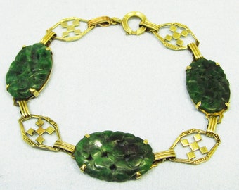 Art Deco Jade Bracelet set in 14Kt Yellow Gold (837)