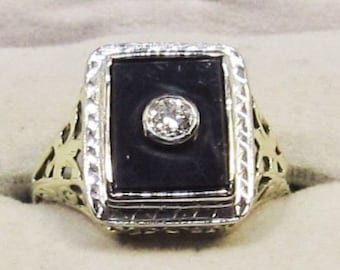 Onyx and Diamond Ring 14Kt Two Tone Gold 1920-s Antique (1083)