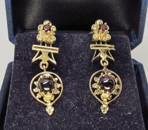 Garnet Earrings 14Kt Gold Victorian Revival (1068) - image 1