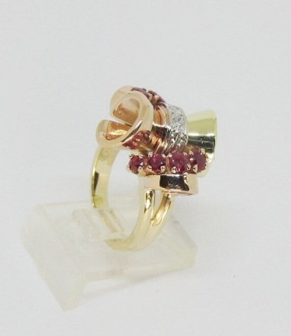 14Kt Multi Color Gold Ruby and Diamond Retro Ring… - image 5