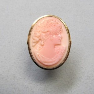 May include: Oval-shaped cameo brooch featuring a profile of a woman with detailed hair and attire. The cameo is a light coral color, set in a gold-toned frame. The brooch is a classic piece of jewelry.