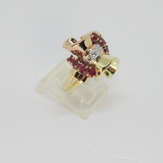 14Kt Multi Color Gold Ruby and Diamond Retro Ring… - image 2