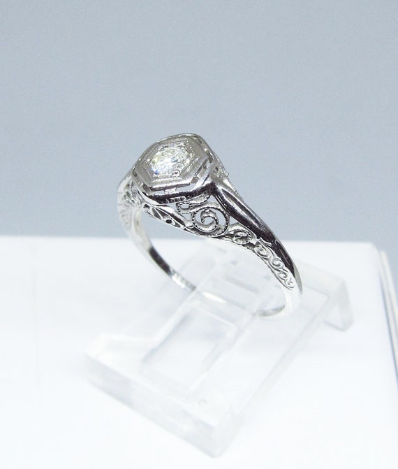 Estate Diamond Ring in 18Kt White Gold Filigree S… - image 1