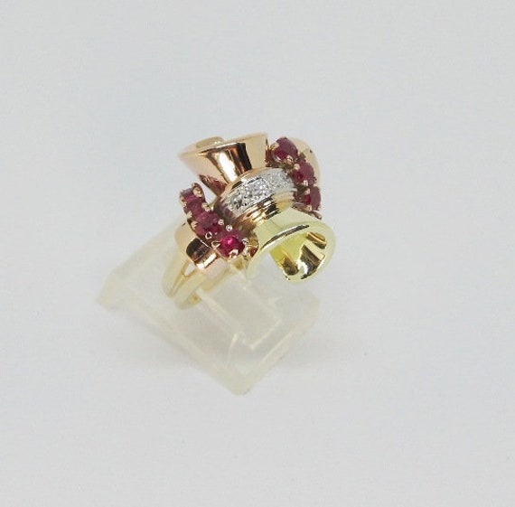 14Kt Multi Color Gold Ruby and Diamond Retro Ring… - image 3