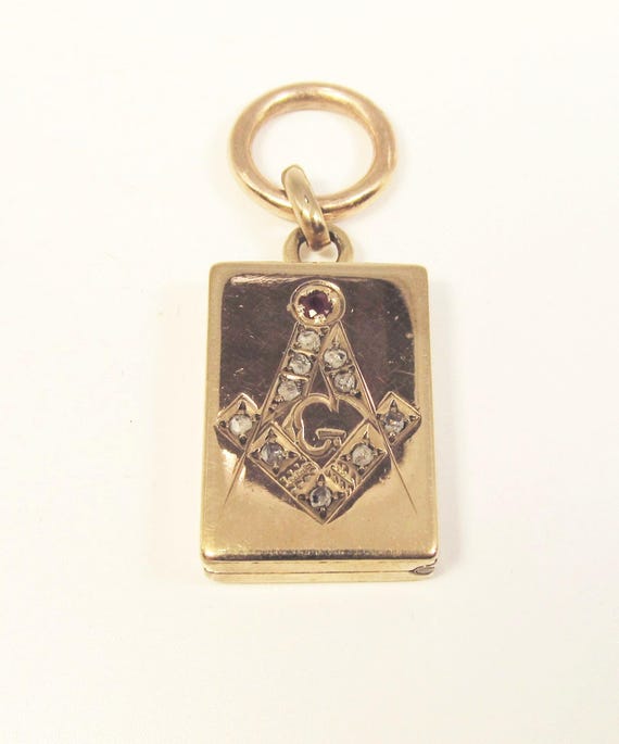American Victorian 10Kt Gold Masonic Locket Ruby and Rose Diamonds (641)