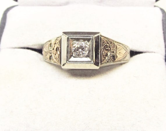 Art Deco Unisex Diamond Ring 14Kt Two Tone Gold (975)