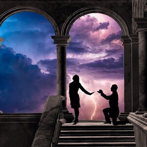 May include: Silhouette of a couple standing in an archway with a stormy sky in the background. The woman is standing with her arms outstretched, while the man is kneeling on one knee.