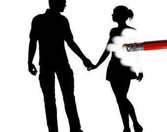 May include: A black and white silhouette of a couple holding hands. The woman is being erased with a red pencil.