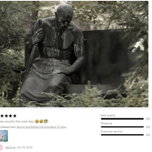 May include: A black and white statue of a man sitting on a stone bench in a cemetery. The statue is weathered and has a somber expression.