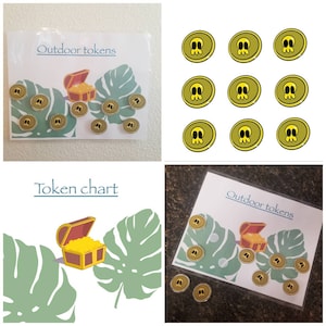 May include: A printable chart with the text "Outdoor tokens" and a picture of a treasure chest with gold coins. There are nine yellow tokens with a skull and crossbones design.