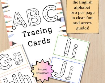 Puede incluir: Tarjetas de trazado imprimibles para aprender el alfabeto inglés. Cada tarjeta presenta una letra del alfabeto con flechas que indican la dirección a seguir. Las tarjetas están etiquetadas como "ABC Tracing Cards" y "Descarga instantánea!"