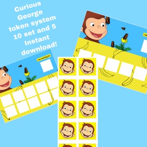 May include: A printable chart featuring Curious George with a yellow background and bananas. The chart has 10 blank squares for tokens. There are also 10 individual printable images of Curious George's face.