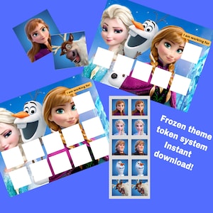 May include: A printable Frozen themed token system for kids. The image shows a chart with blank squares and the text "I am working for". There are also images of characters from the movie Frozen, including Elsa, Anna, Olaf, and Sven.