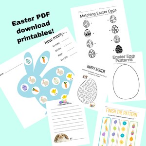 May include: A set of printable Easter activity sheets for kids. The sheets feature a bunny counting activity, a matching game, a maze, a pattern activity, and a writing prompt. The sheets are designed to be fun and educational for children.