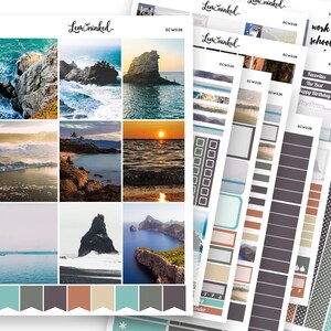 Pegatinas de planificador vertical para Erin Condren // Kit de pegatinas de planificador semanal de lujo con fotografía «Montañas y mares»