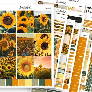 Stickers pour agenda vertical pour Erin Condren || Kit hebdomadaire d'autocollants photo de luxe « Tournesols »